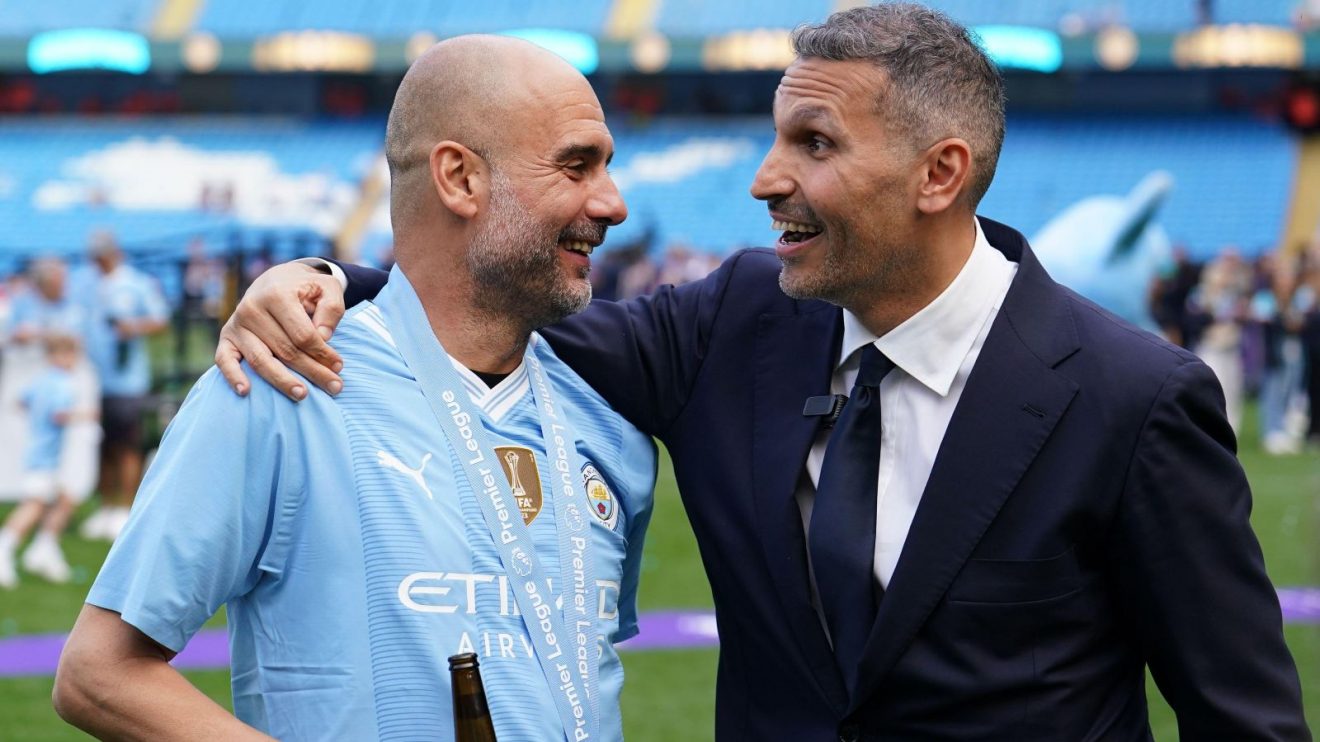 Man City manager Pep Guardiola with club chairman Khaldoon Al Mubarak