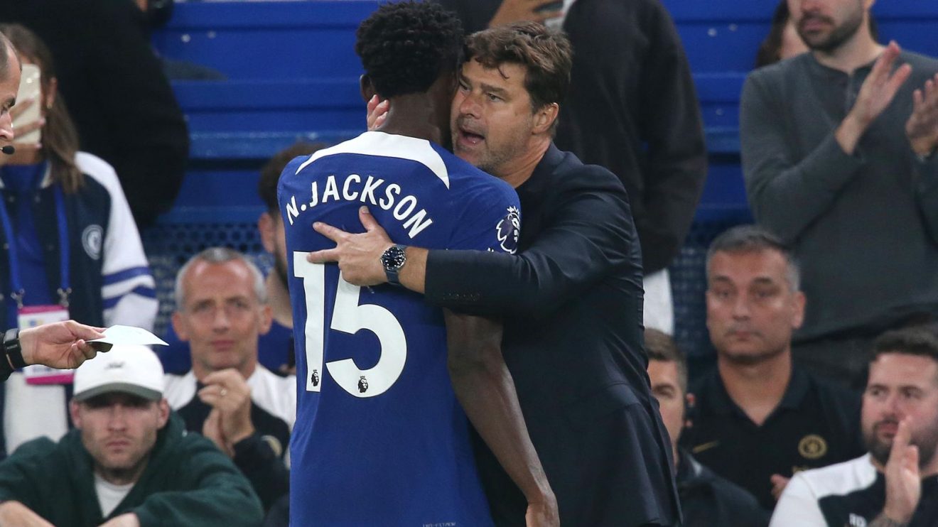 Chelsea manager Mauricio Pochettino hugs striker Nicolas Jackson