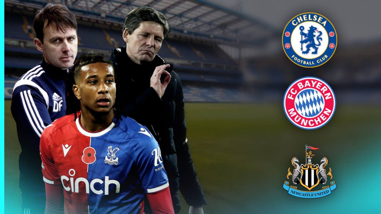 Dougie Freedman, Michael Olise and Oliver Glasner of Crystal Palace, with the Chelsea, Bayern Munich and Newcastle badges
