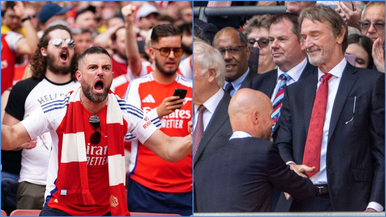 Arsenal fans with Erik ten Hag and Sir Jim Ratcliffe of Manchester United