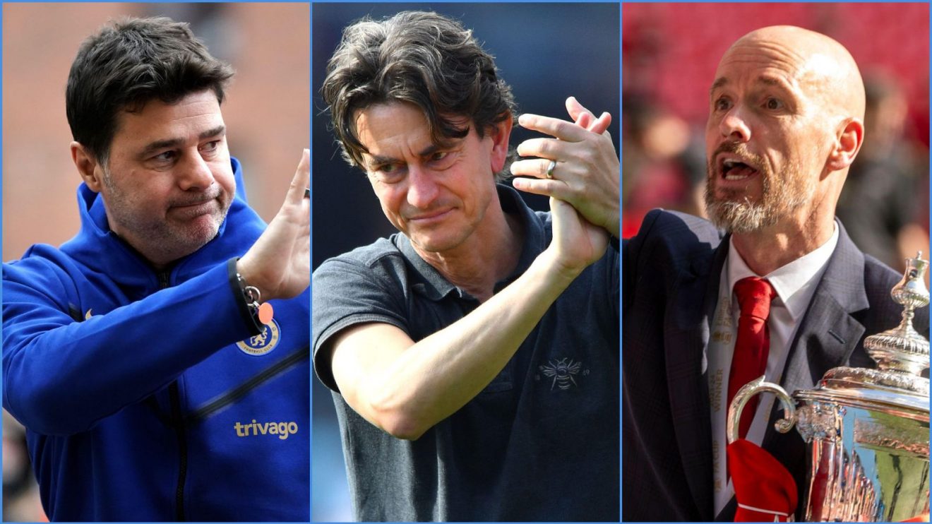 Chelsea manager Mauricio Pochettino, Brentford's Thomas Frank and Manchester United manager Erik ten Hag
