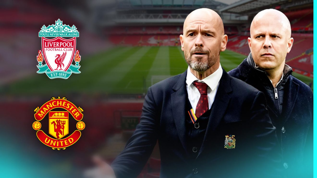 Erik ten Hag and Arne Slot with Liverpool and Man Utd badges.