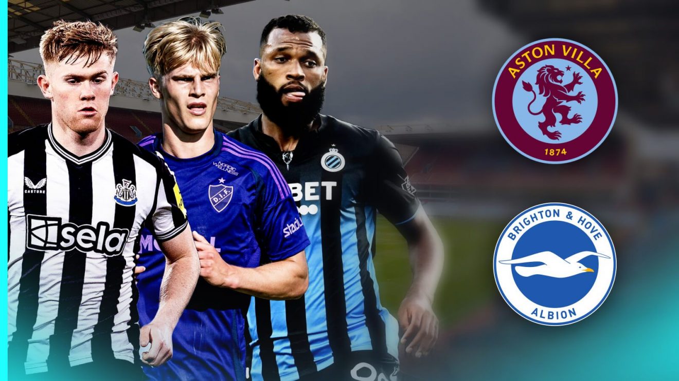 Newcastle defender Lewis Hall, future Spurs player Lucas Bergvall and record Brentford signing Igor Thiago with the Aston Villa and Brighton badges