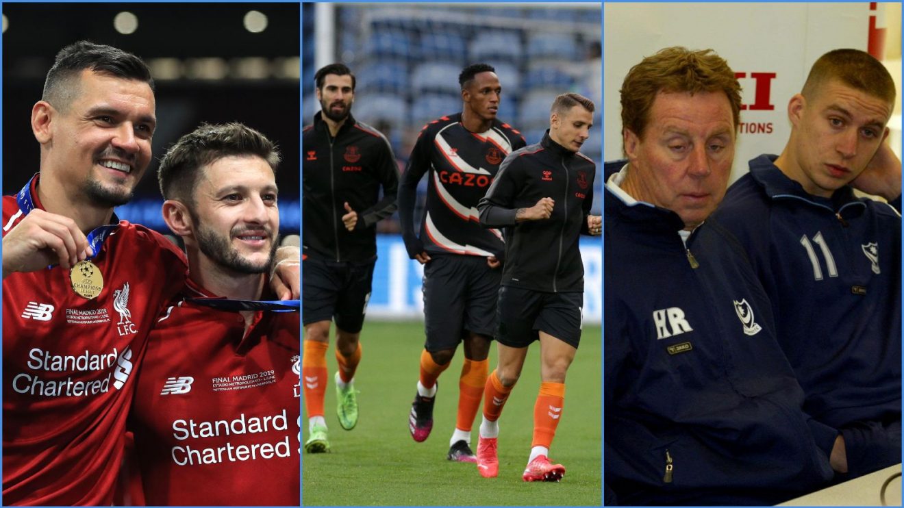 Dejan Lovren and Adam Lallana of Liverpool, Everton players Andre Gomes, Yerry Mina and Lucas Digne, and Portmsouth's Harry Redknapp and Sean Davis
