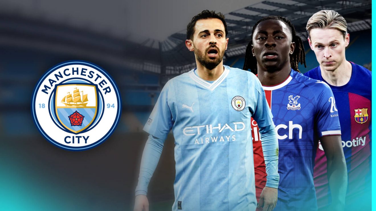 Man City midfielder Bernardo Silva with Eberechi Eze and Frenkie de Jong