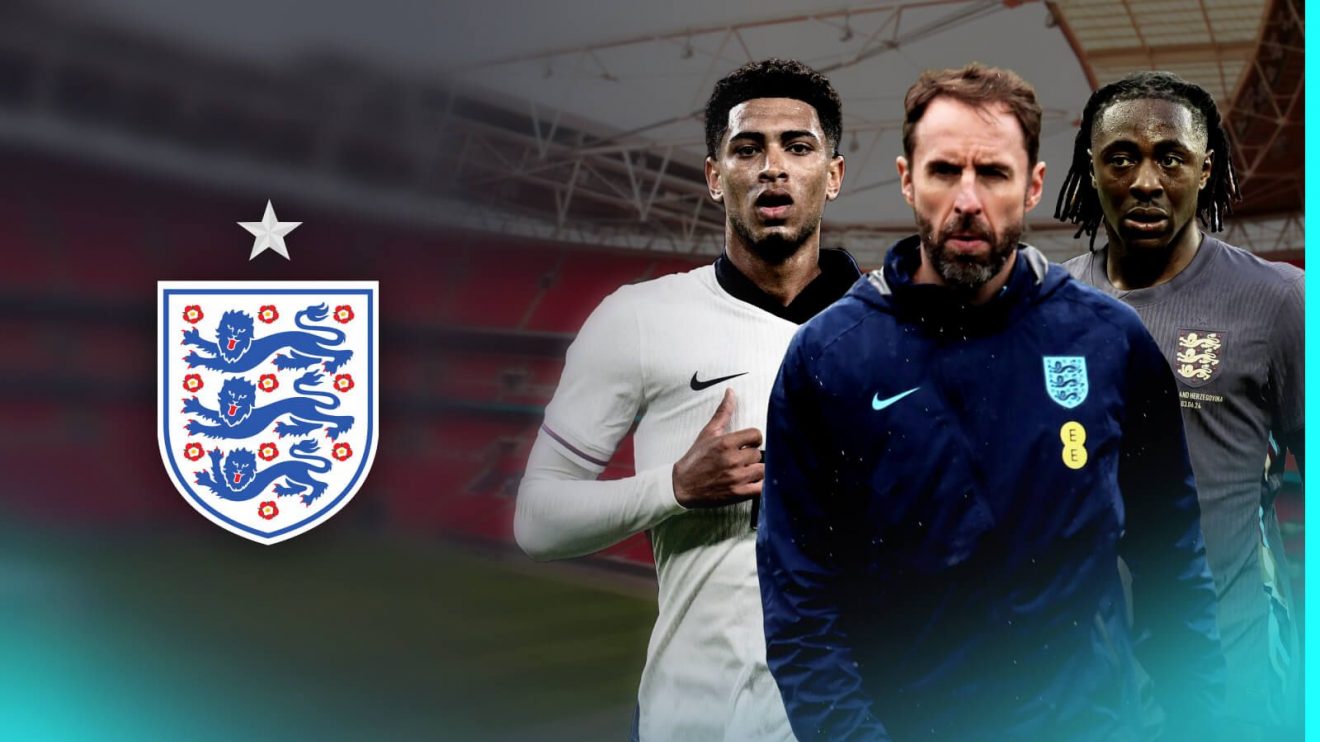 Jude Bellingham, Gareth Southgate and Eberechi Eze with the England badge