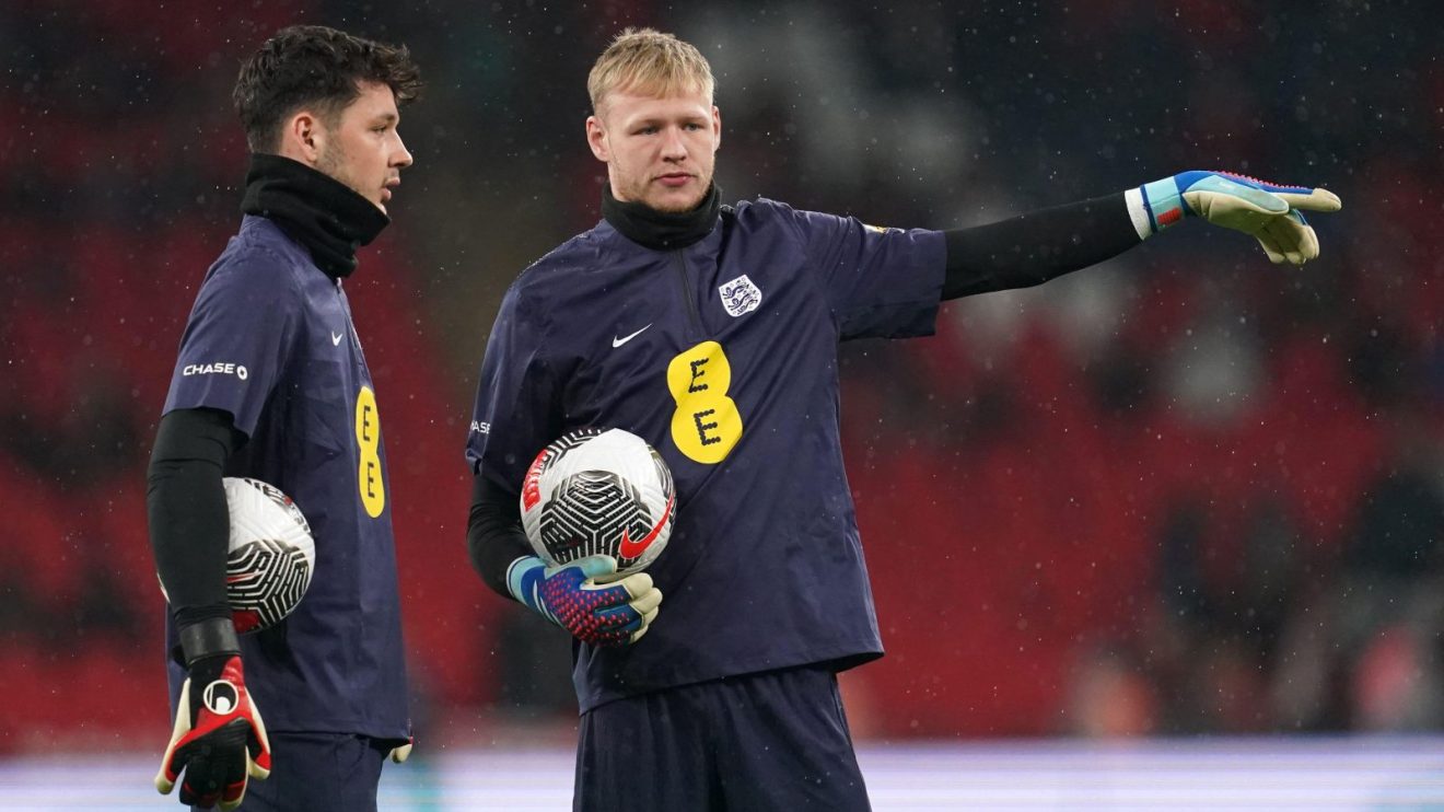 Newcastle-linked goalkeepers Aaron Ramsdale and James Trafford during a pre-match warm-up at Wembley