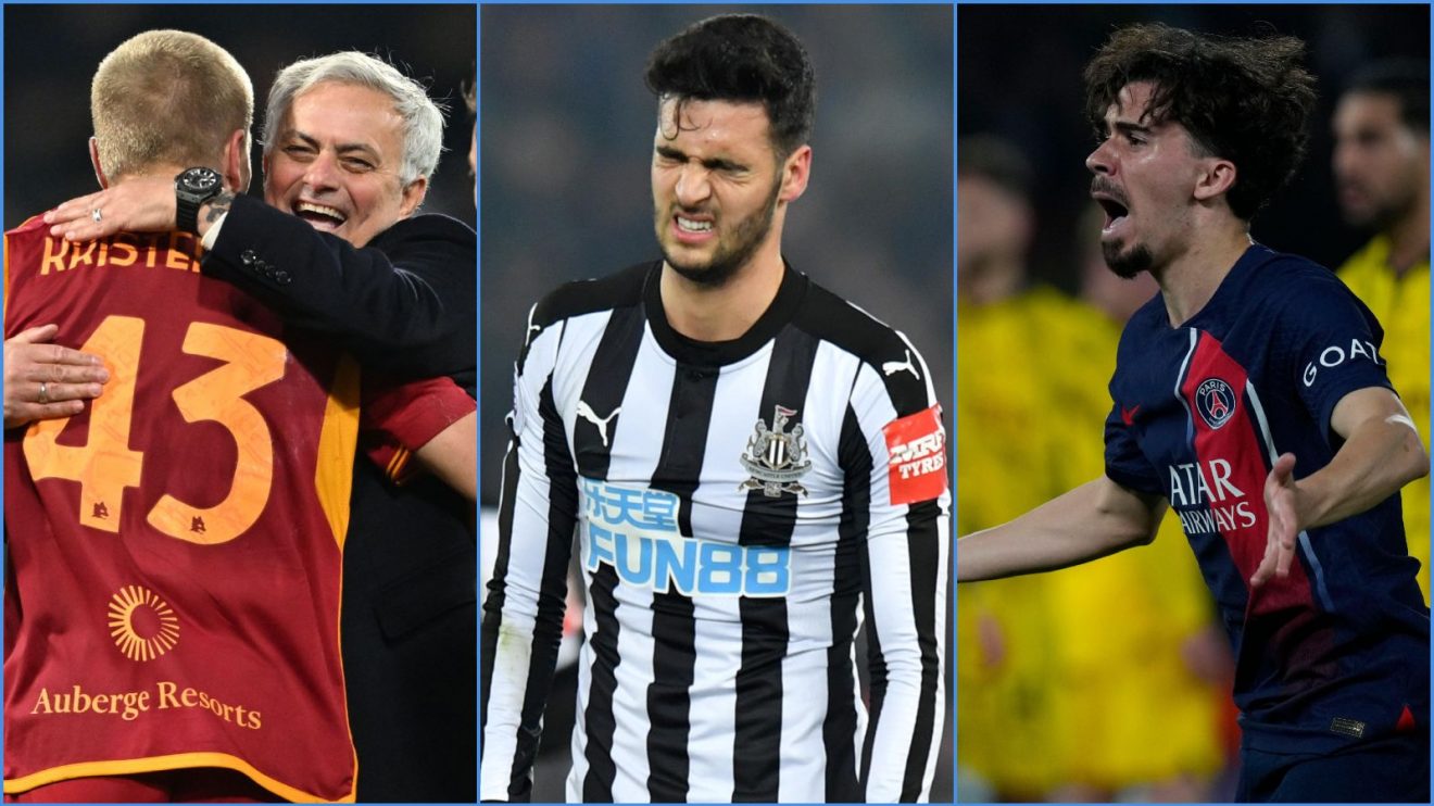 Rasmus Kristensen and Jose Mourinho of Roma, Newcastle midfielder Mikel Merino and Paris Saint-Germain player Vitinha