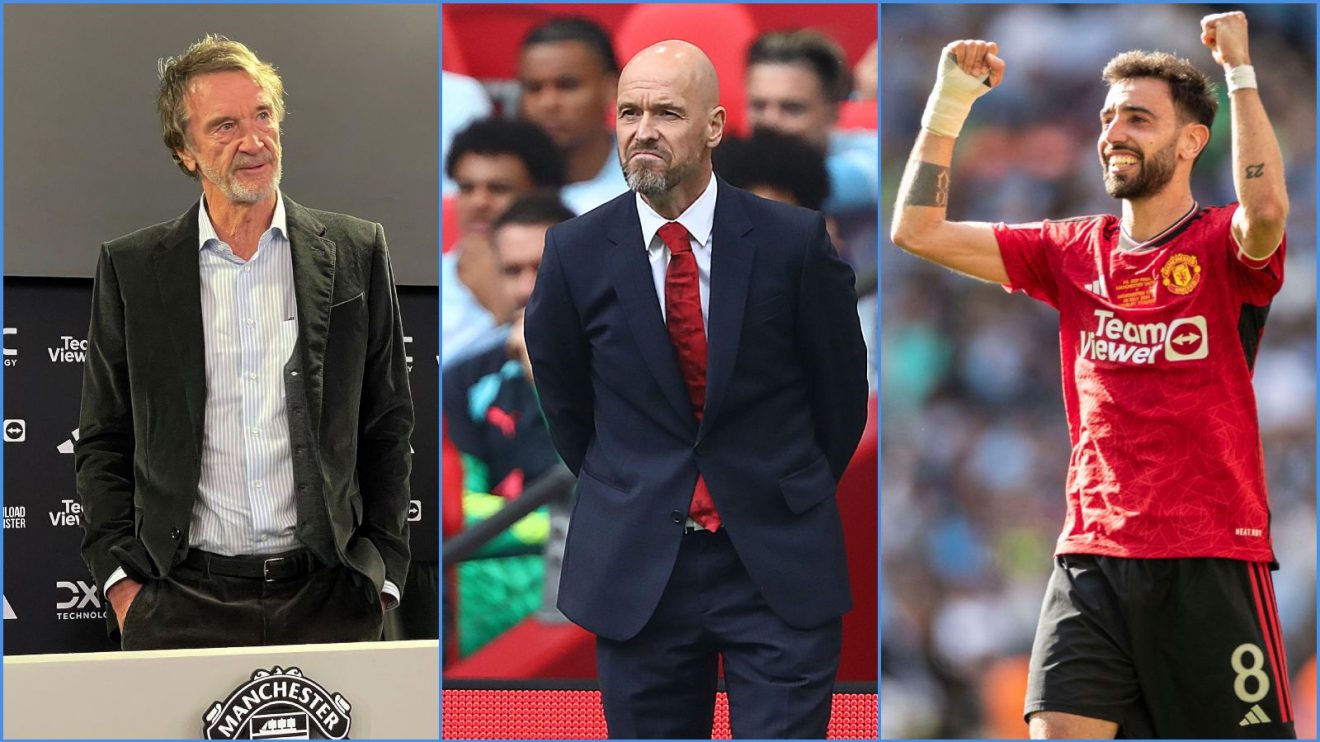 Manchester United co-owner Sir Jim Ratcliffe, manager Erik ten Hag and captain Bruno Fernandes