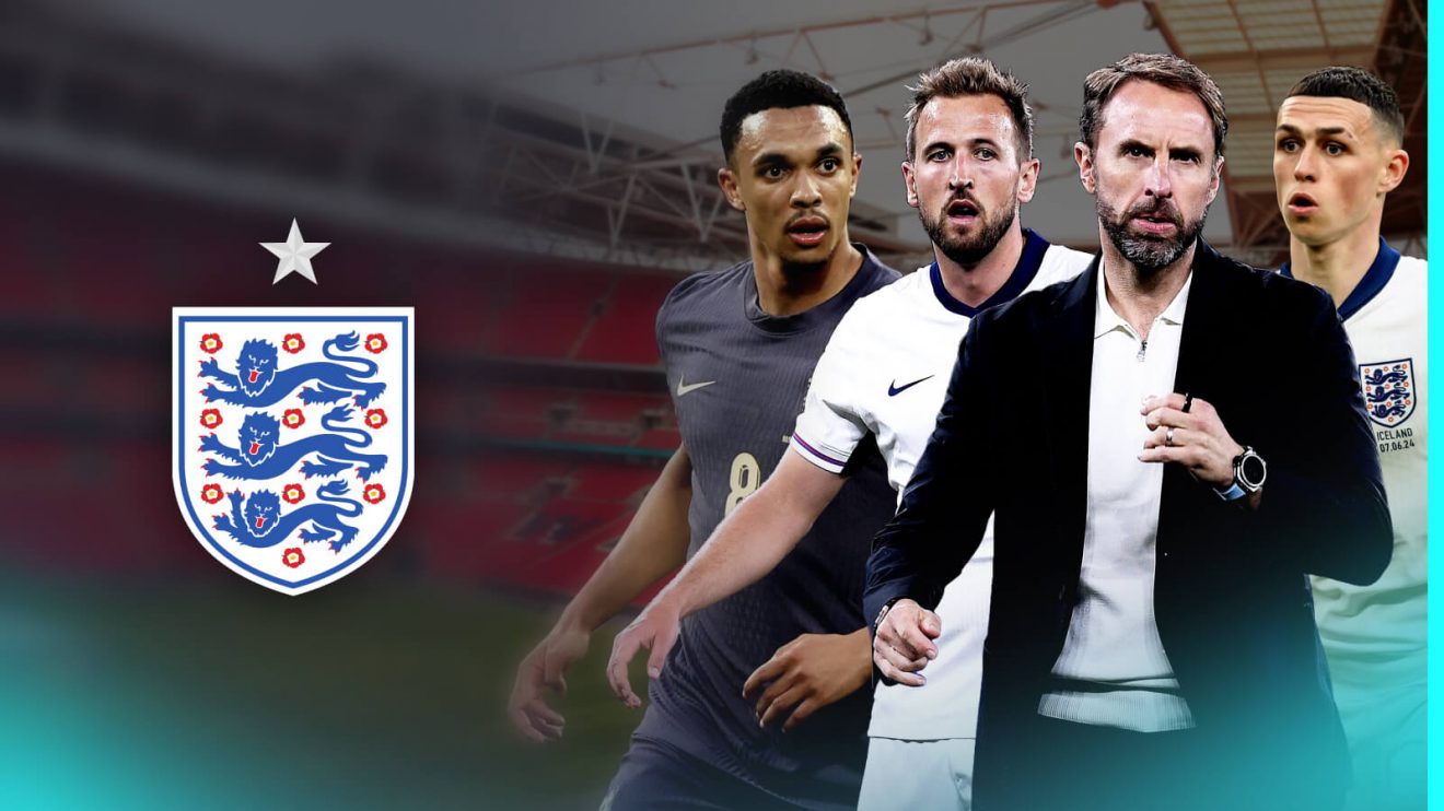 Gareth Southgate, Kane, Foden and Trent with the England badge