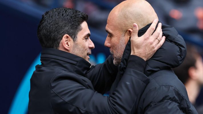 Mikel Arteta and Pep Guardiola hug before Man City vs Arsenal