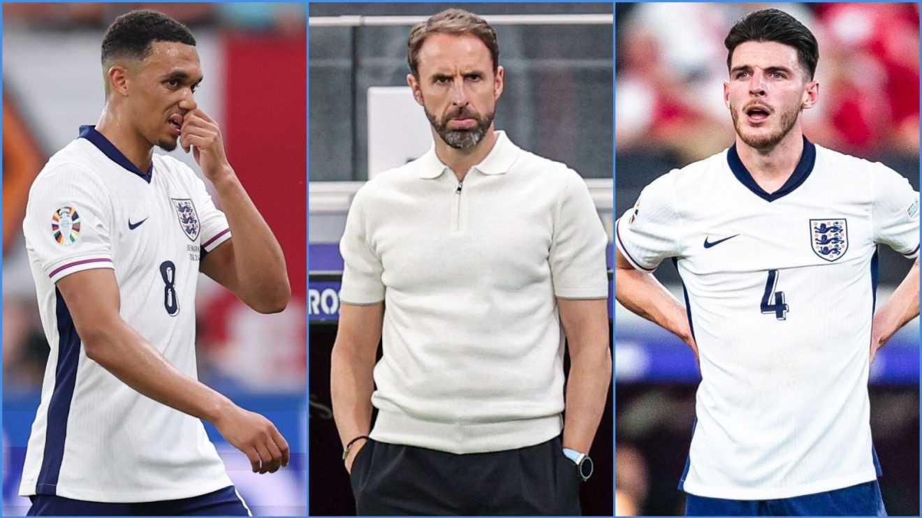 England player Trent Alexander-Arnold, manager Gareth Southgate and midfielder Declan Rice