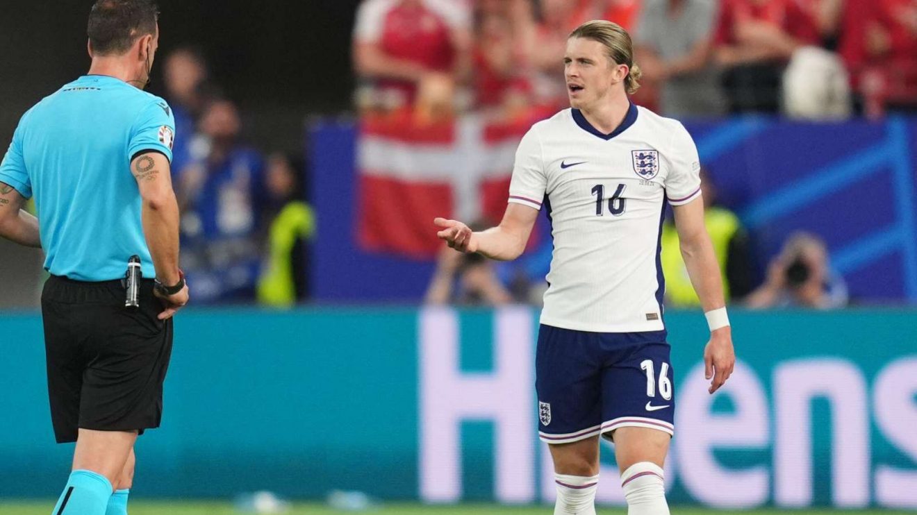 Conor Gallagher gestures towards the referee during Denmark v England