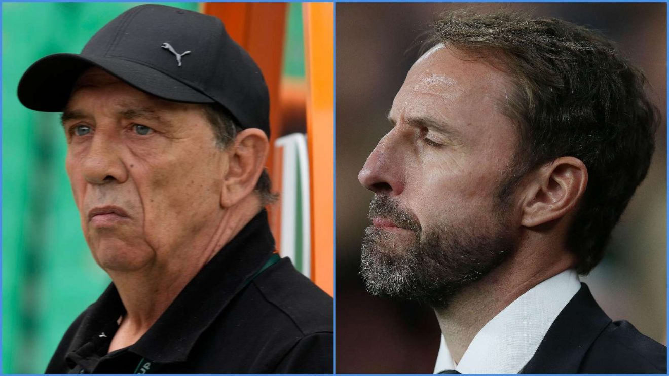 Former Ivory Coast manager Jean-Louis Gasset and England manager Gareth Southgate