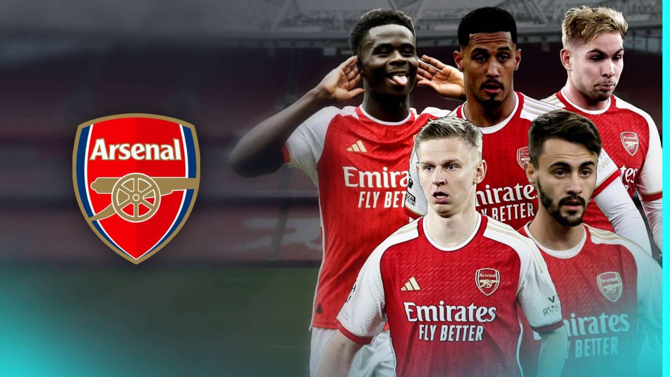Arsenal players Bukayo Saka, William Saliba, Emile Smith Rowe, Oleksandr Zinchenko and Fabio Vieira