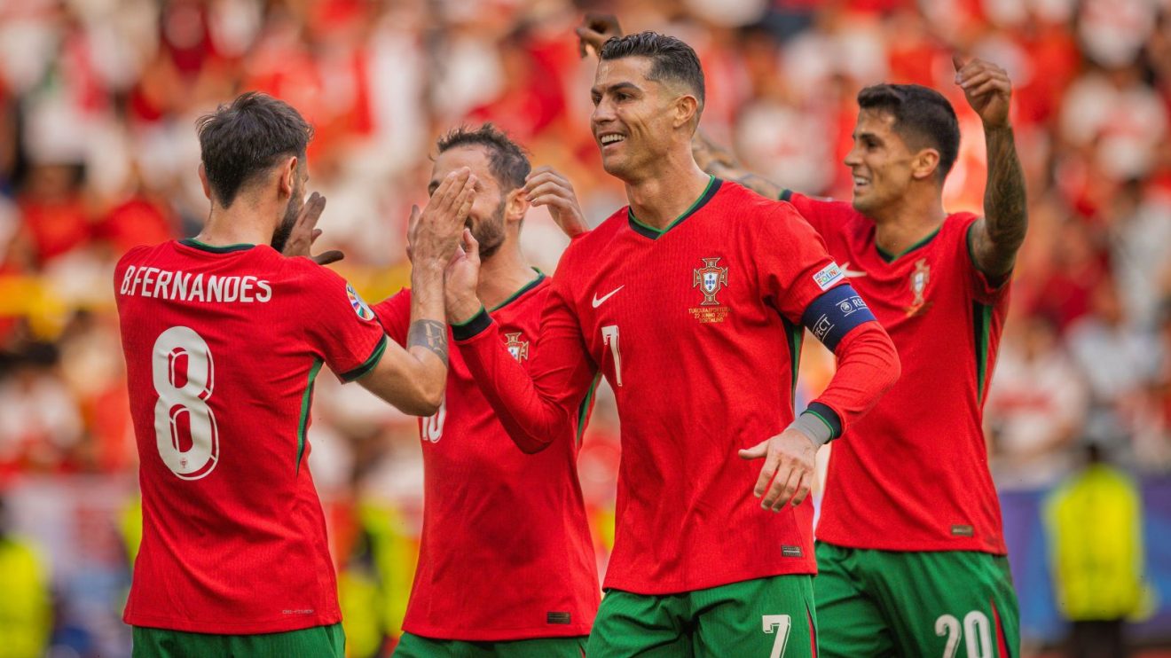 Bruno Fernandes and Cristiano Ronaldo celebrate against Turkey at Euro 2024
