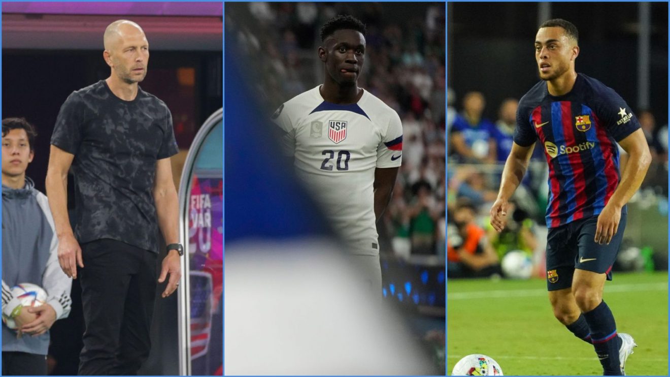 United States coach Gregg Berhalter, striker Folarin Balogun and Barcelona defender Sergino Dest