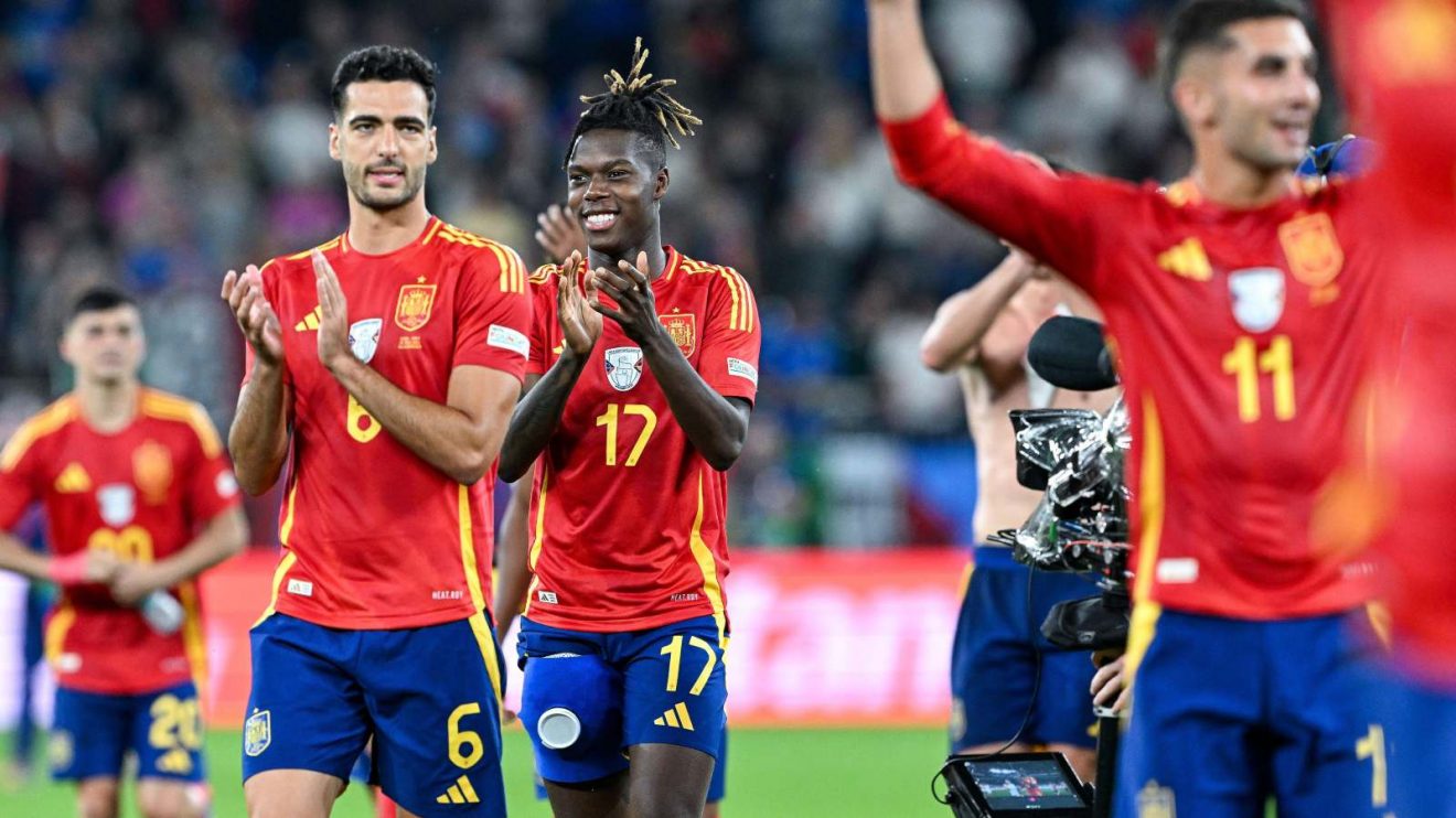 Reported Arsenal targets Mikel Merino and Nico Williams celebrate a Spain victory