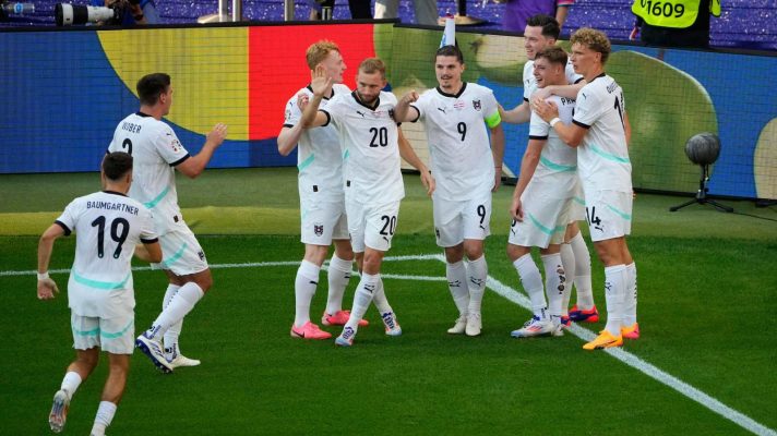 Austria midfielder Marcel Sabitzer celebrates his goal with his team-mates