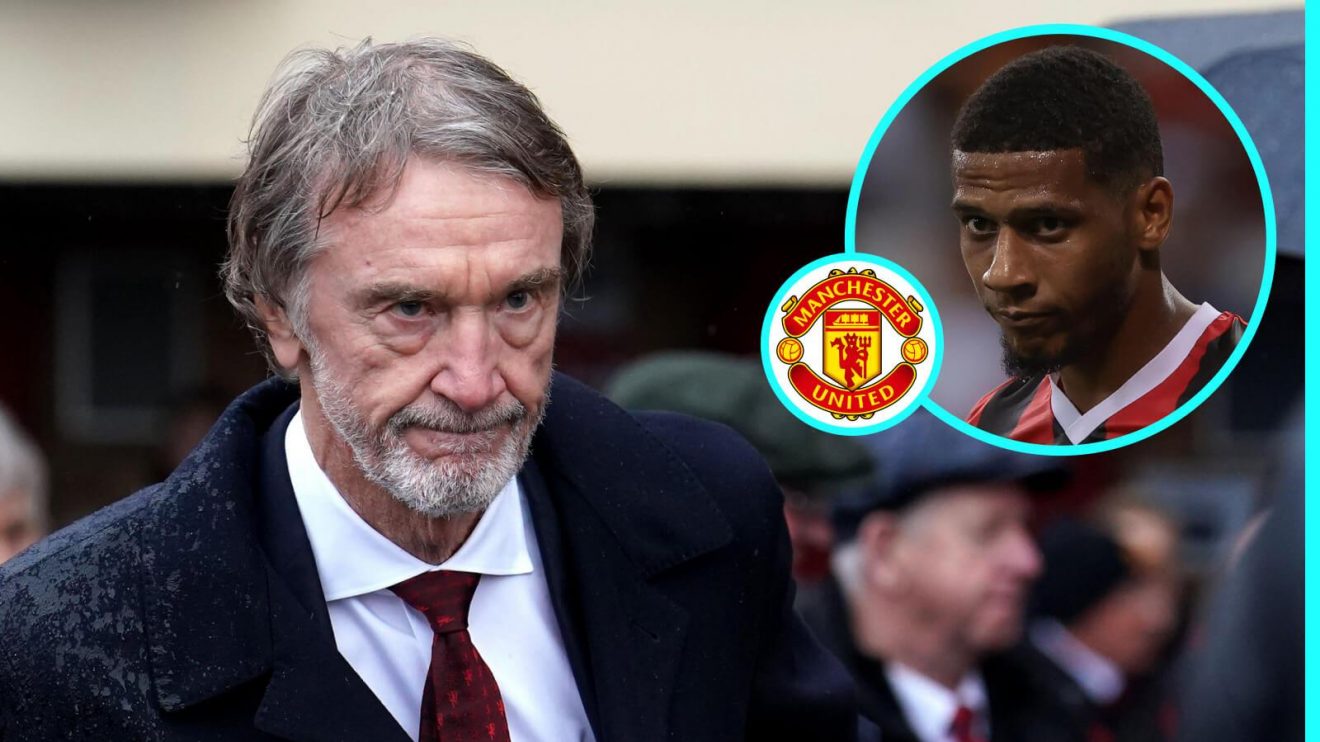 Sir Jim Ratcliffe with Jean-Clair Todibo and the Man Utd badge in small circles