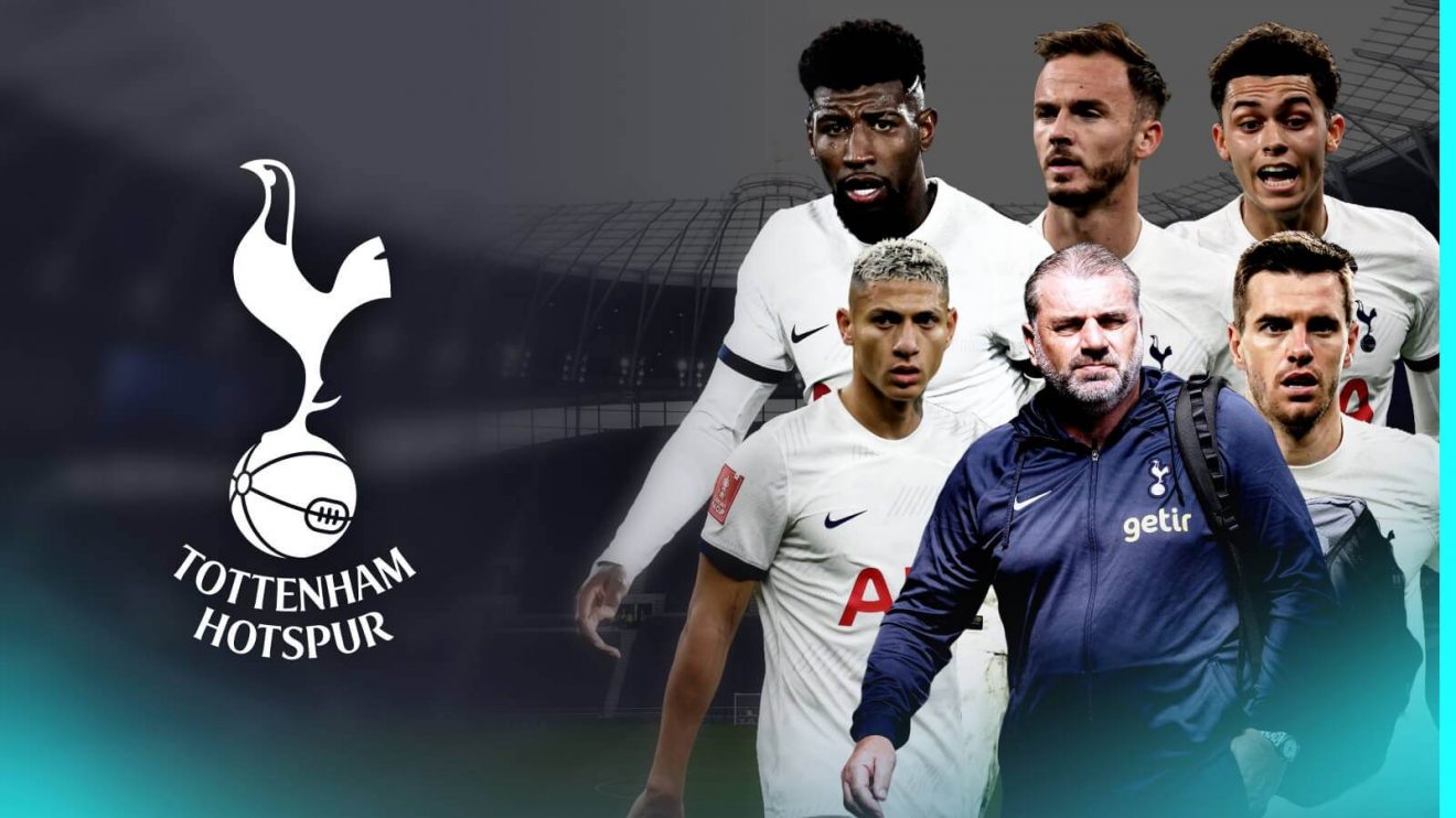 Tottenham players Emerson Royal, James Maddison, Brennan Johnson, Richarlison, Giovani Lo Celso and manager Ange Postecoglou with the Tottenham badge and stadium background
