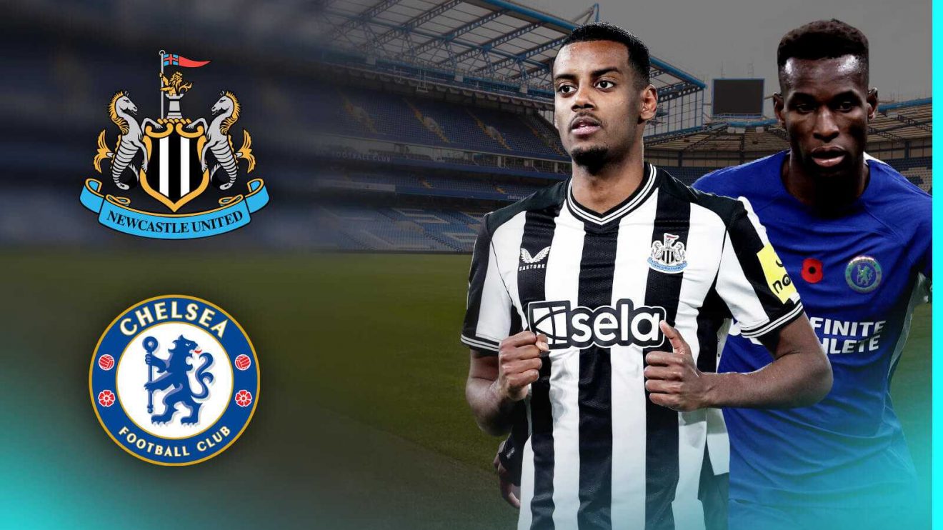 Alexander Isak and Nicolas Jackson with the Newcastle and Chelsea badges