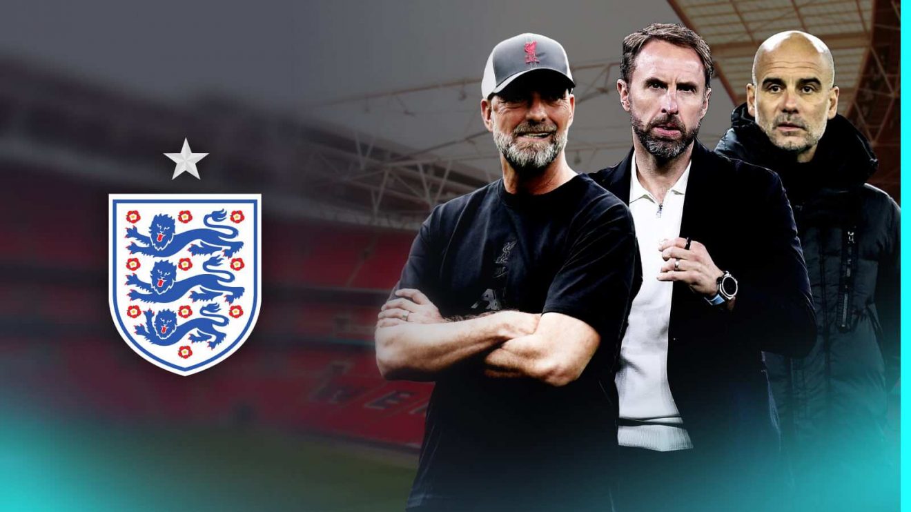 Jurgen Klopp, Gareth Southgate and Pep Guardiola with the England badge