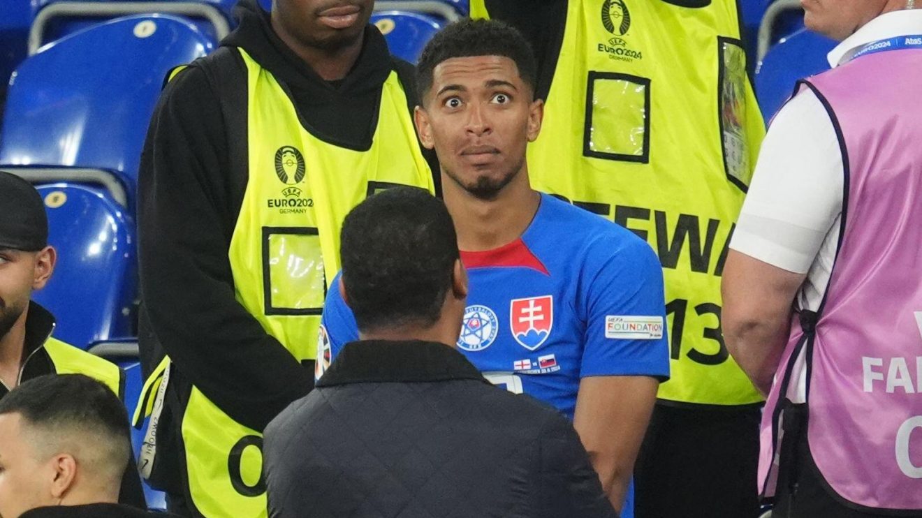England player Jude Bellingham reacts after the Euro 2024 victory over Slovakia