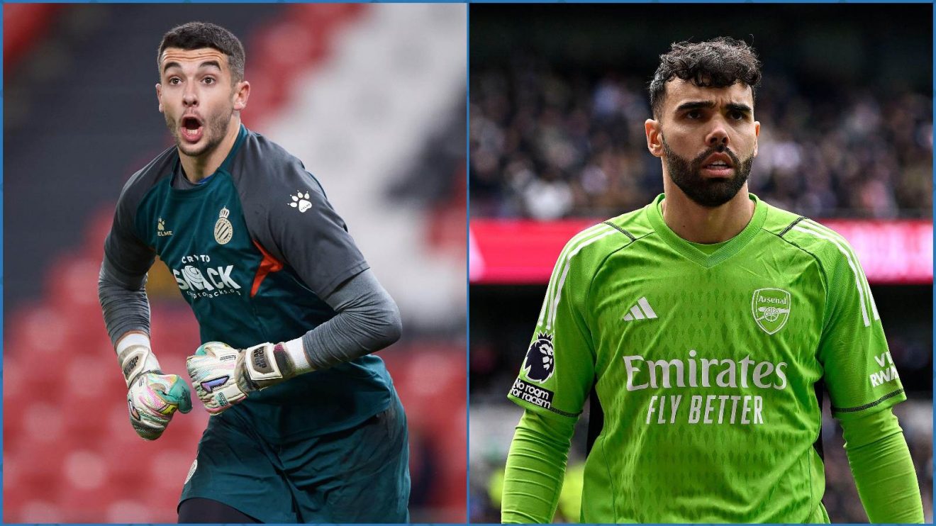 Arsenal-linked goalkeeper Joan Garcia and current Arsenal goalkeeper David Raya