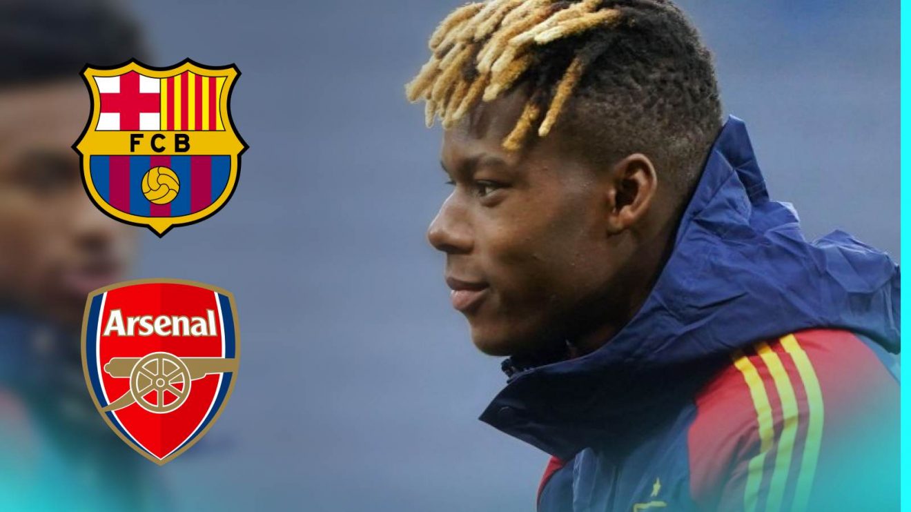Nico Williams with the Barcelona and Arsenal badges