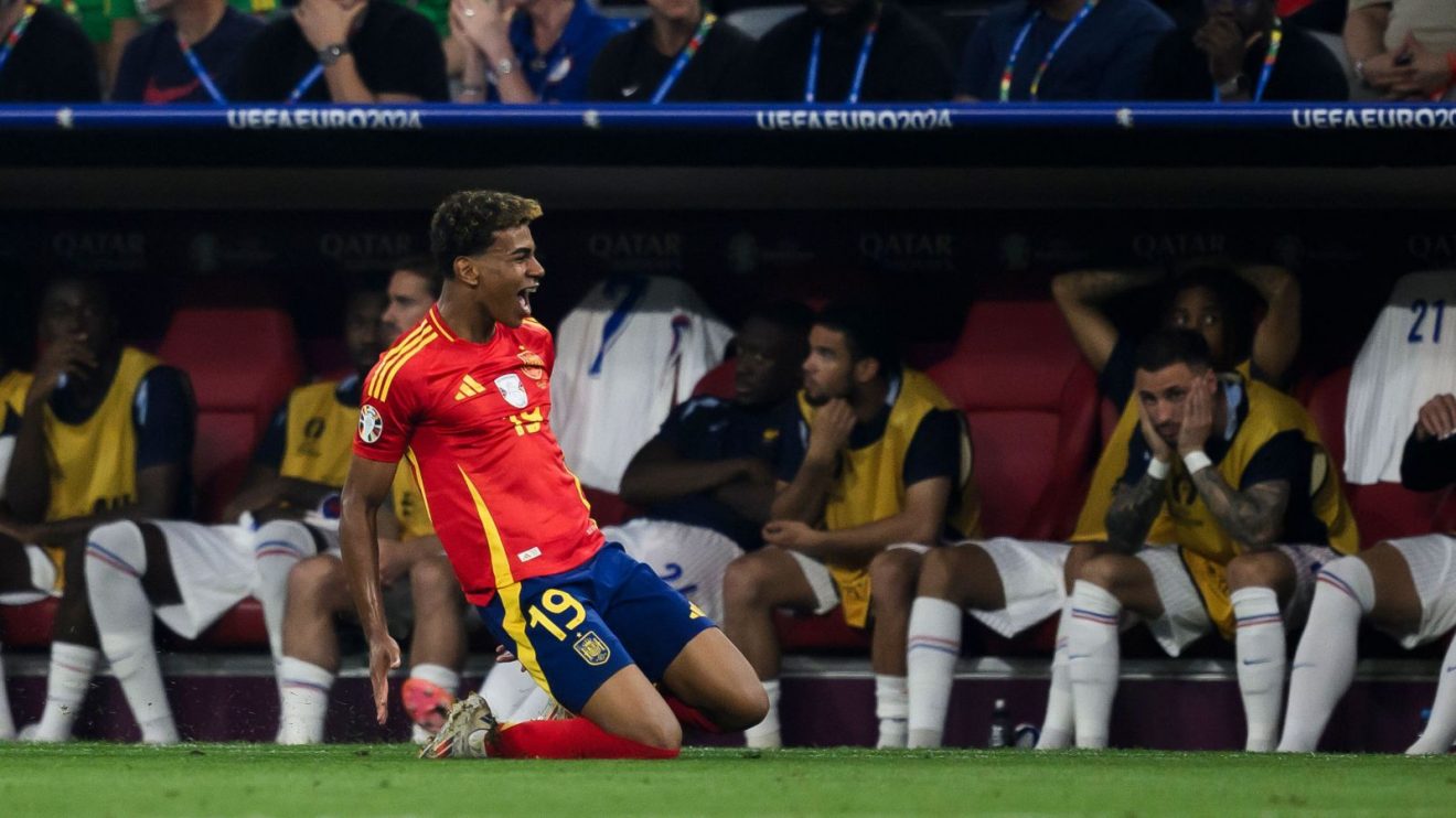 Lamine Yamal celebrates his goal for Spain against France in the Euro 2024 semi-final