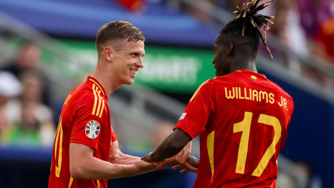 Man Utd-linked Spain star Dani Olmo celebrates his goal with Nico Williams