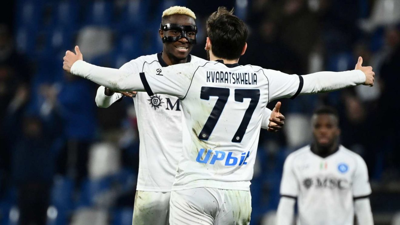 Napoli duo Victor Osimhen and Khvicha Kvaratskhelia celebrate a goal