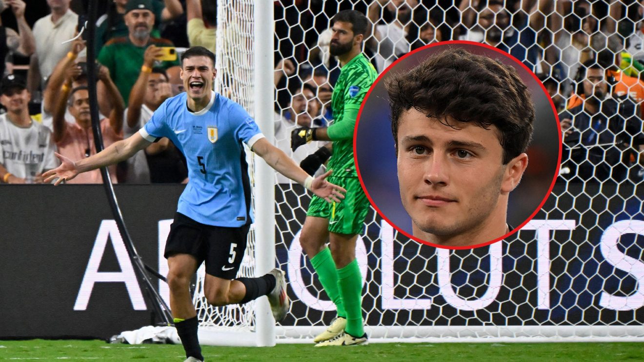 Manuel Ugarte celebrates his winning penalty for Urugay against Brazil at the Copa America. Inlaid is a headshot of Joao Neves, circled in red. He looks plaintive.