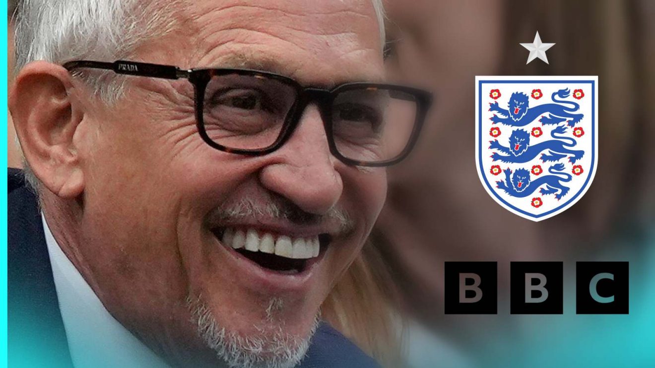 Gary Lineker with the England badge and BBC logo