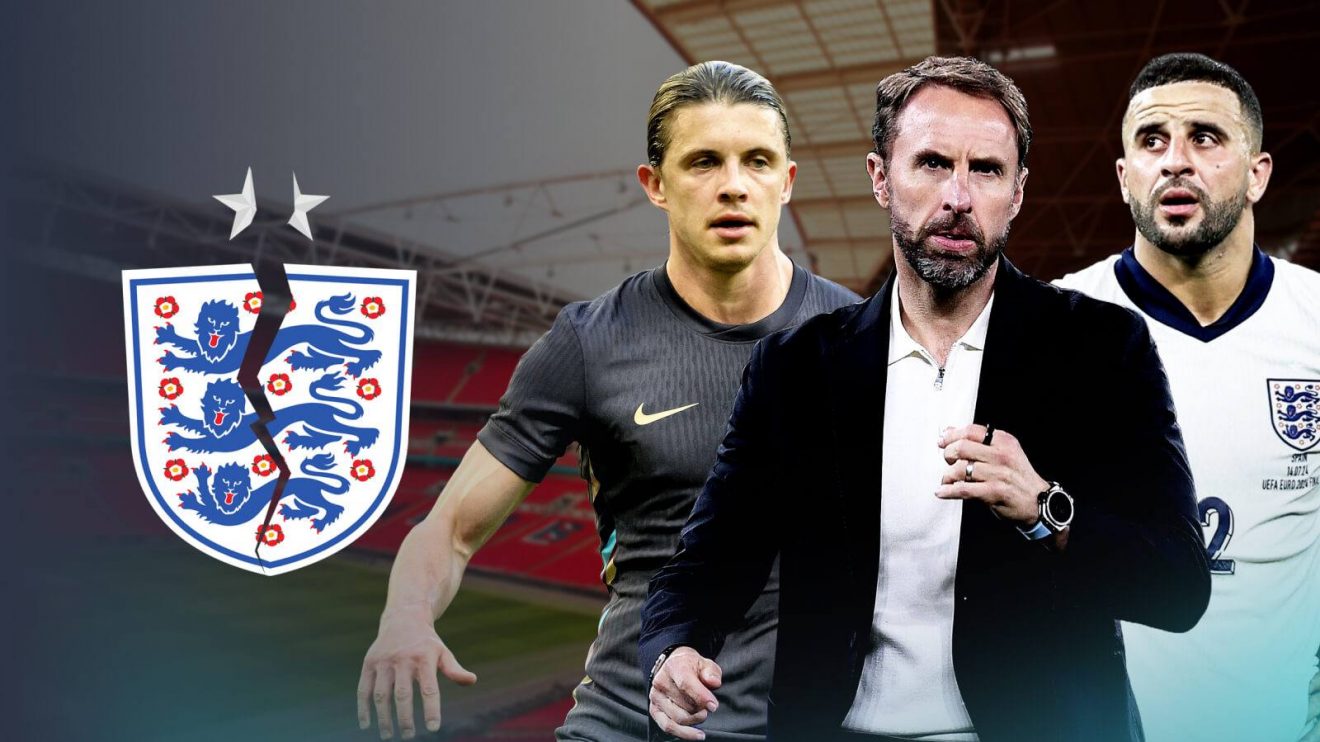 Kyle Walker, Gareth Southgate and Conor Gallagher with a cracked England badge