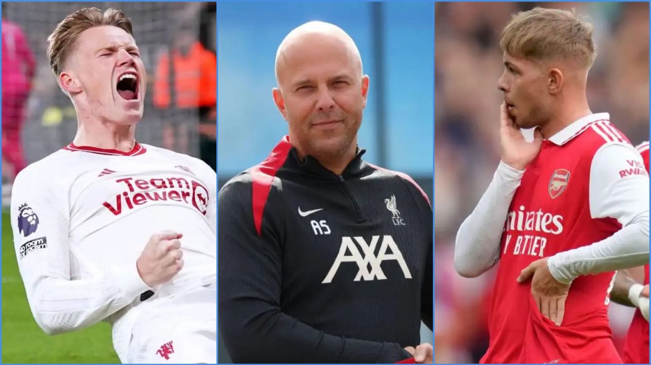 A composite image of Fulham transfer targets Scott McTominay and Emile Smith Rowe with Liverpool head coach Arne Slot