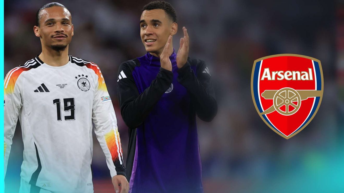 Leroy Sane and Jamal Musiala with the Arsenal badge