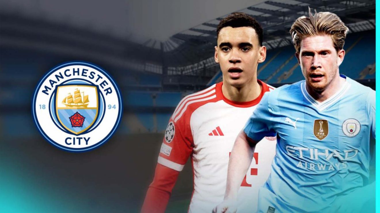 Kevin De Bruyne and Jamal Musiala next to Man City badge