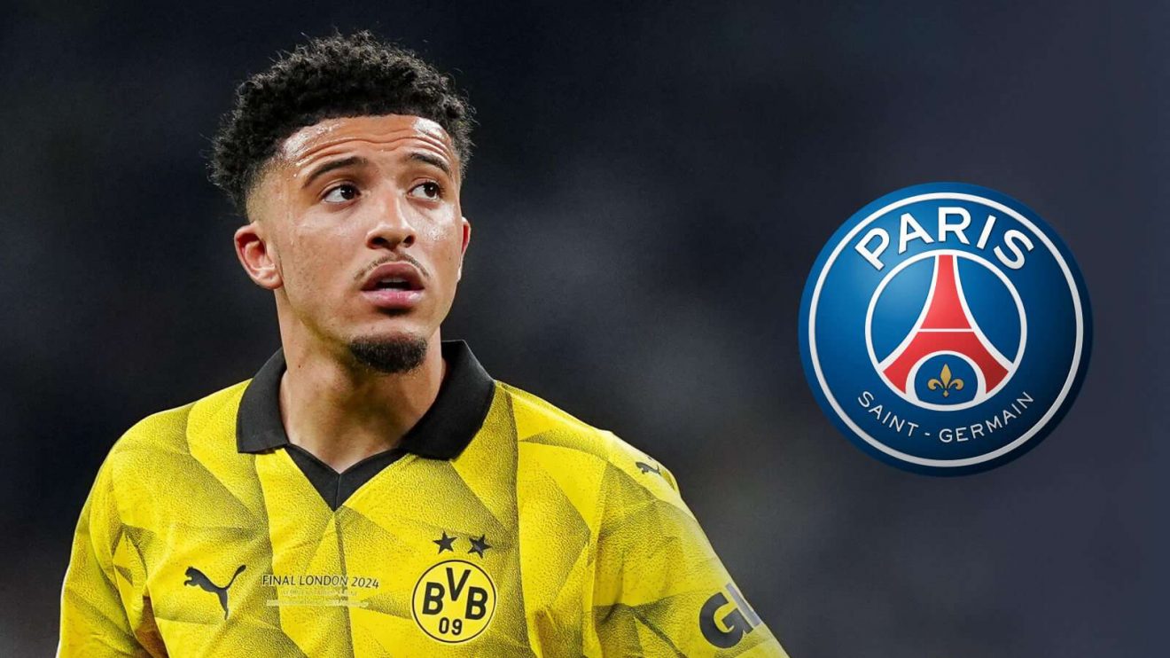 Man Utd winger Jadon Sancho and the PSG badge