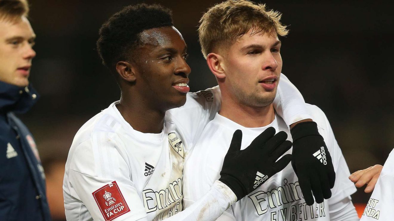 Arsenal players Eddie Nketiah and Emile Smith Rowe after a win