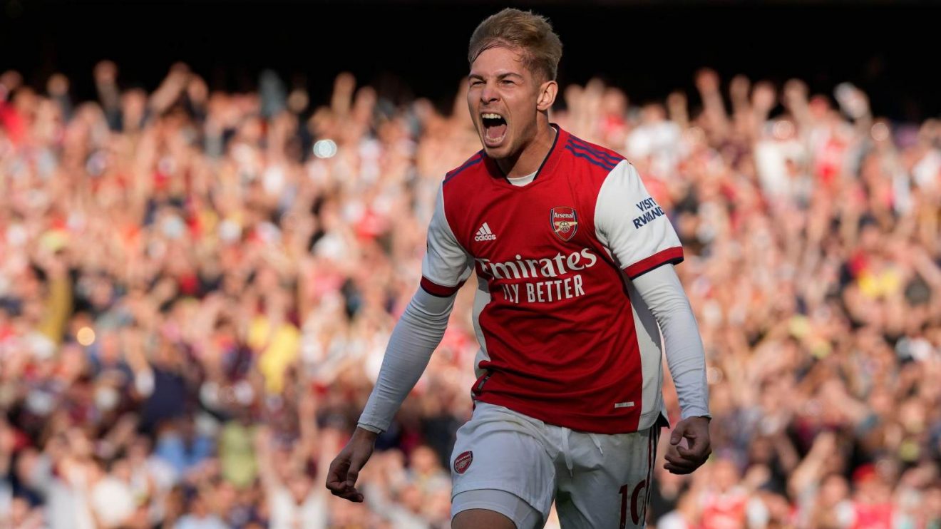Arsenal midfielder Emile Smith Rowe celebrates his goal against Tottenham