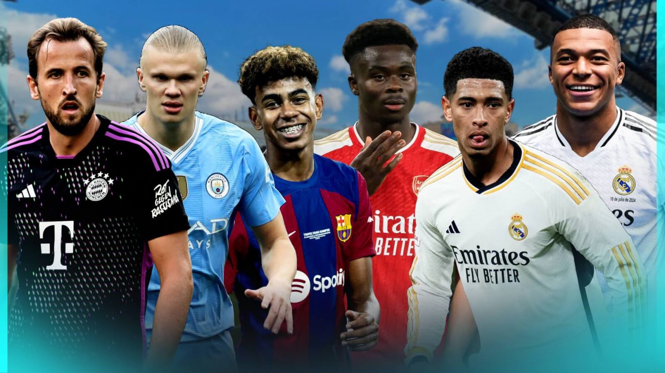 From right to left: Kylian Mbappe, Jude Bellingham, Bukayo Saka, Erling Haaland, Lamine Yamal and Harry Kane