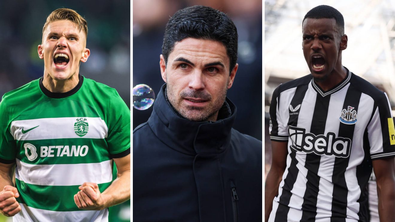 Sporting striker Viktor Gyokeres, Arsenal manager Mikel Arteta and Newcastle player Alexander Isak
