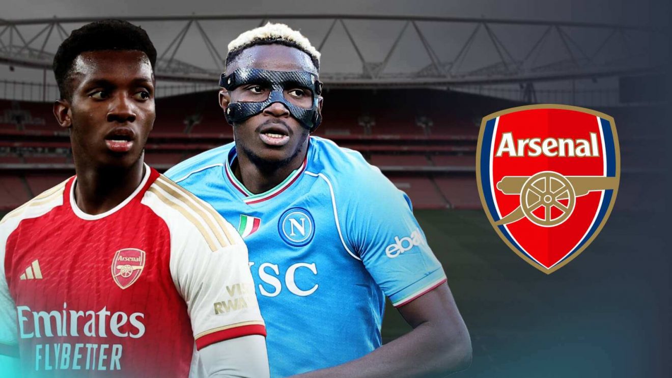 Eddie Nketiah and Victor Osimhen with the Arsenal badge