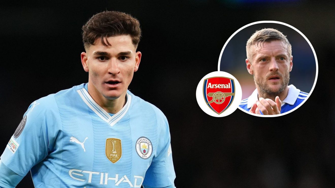Manchester City forward Julian Alvarez, Leicester striker Jamie Vardy and the Arsenal badge