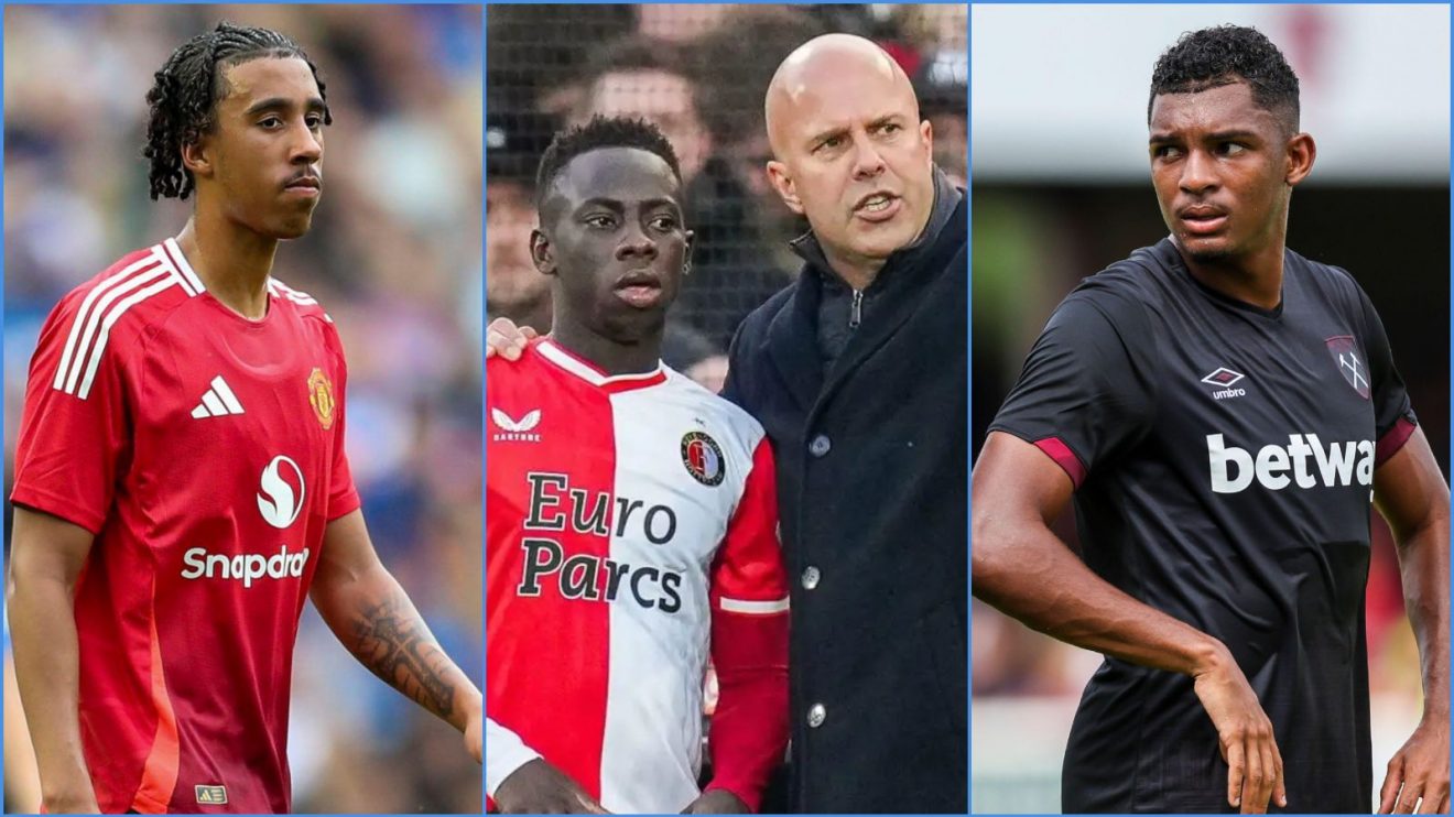 Manchester United defender Leny Yoro, Feyenoord player Yankuba Minteh and manager Arne Slot, and West Ham midfielder Luis Guilherme