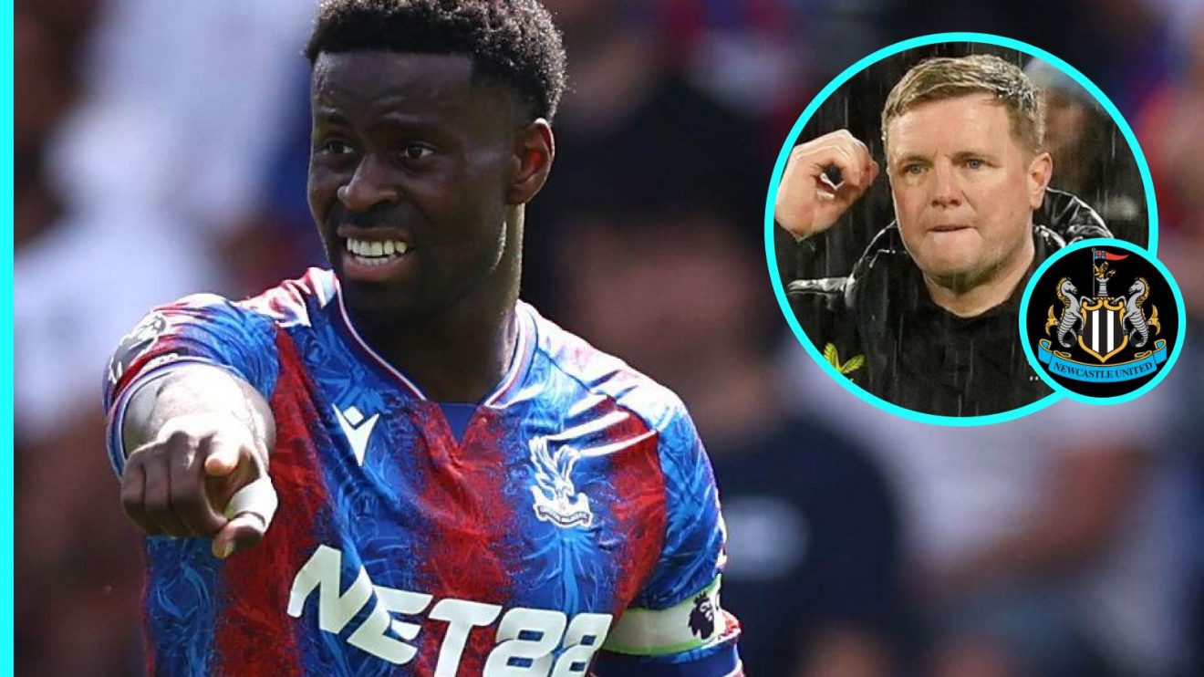 Marc Guehi with Eddie Howe and the Newcastle badge in small circles