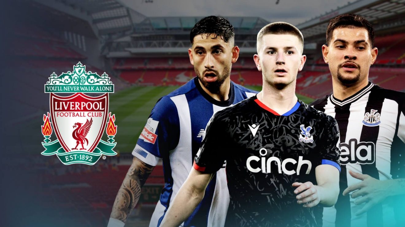 Porto player Alan Varela, Crystal Palace's Adam Wharton and Newcastle midfielder Bruno Guimaraes with the Liverpool badge