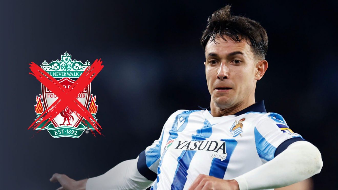Martin Zubimendi with a crossed-out Liverpool badge